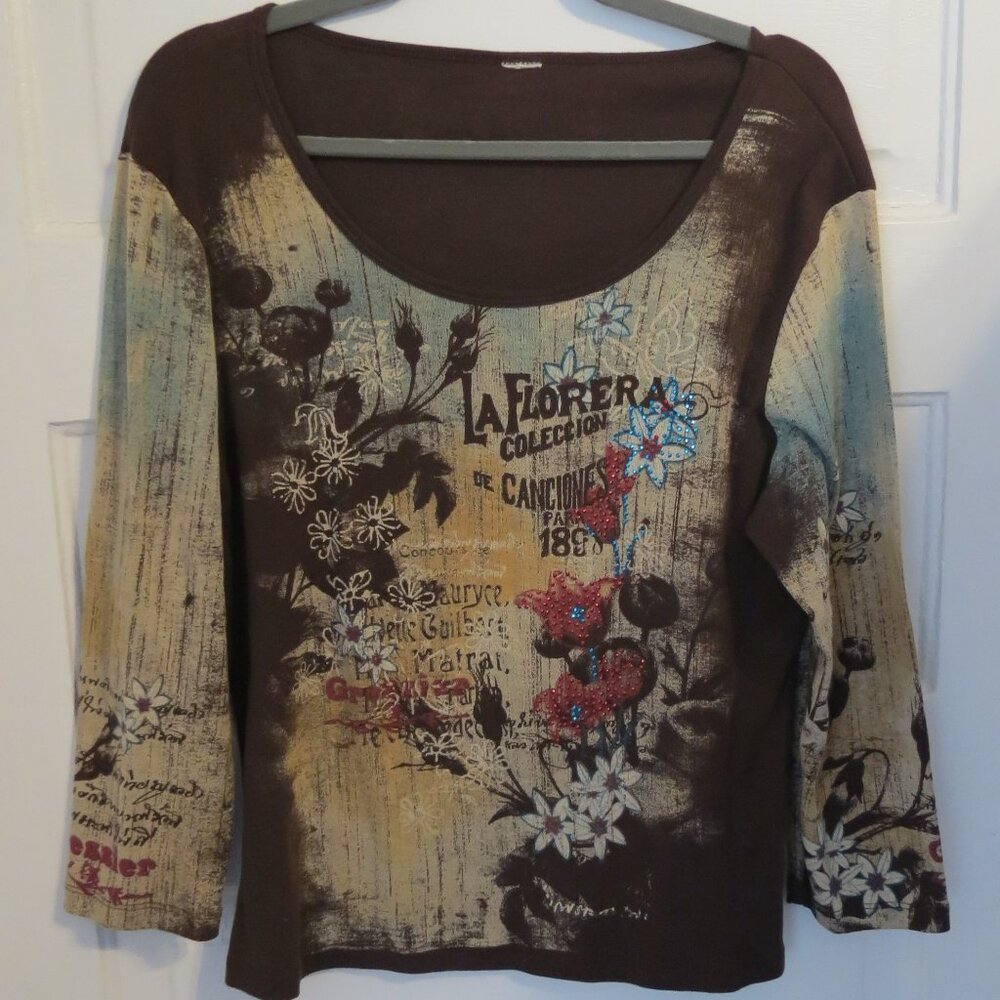 DEEP SPRING REDUCTION! Jewel Embellished Brown/Turquoise Floral Blouse, M